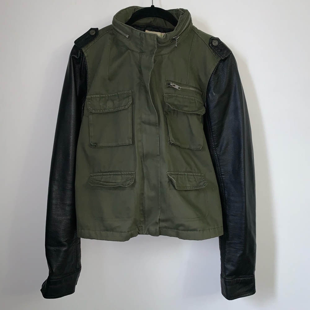 Field jacket with faux leather sleeves
